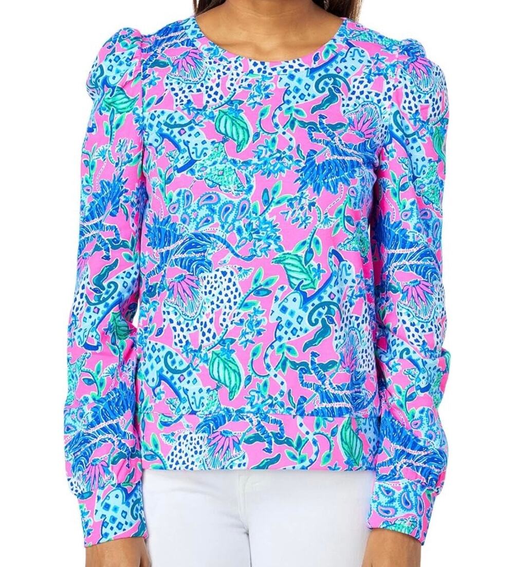 NWT Lilly Pulitzer Jansen Sweatshirt L Plumeria Pink Untamed Hearts Puff Sleeve